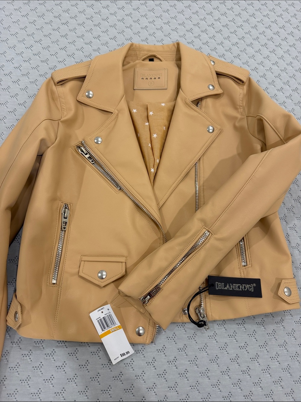 Blank NYC Camel Faux Leather Moto Jacket with Silver Hardware